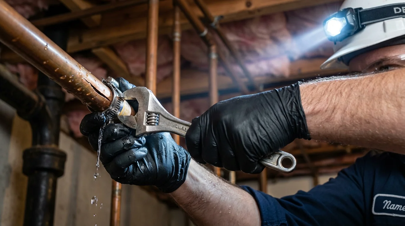 Emergency pipe clamp repair being performed by a Johns Plumbing LLC plumber in Williamson