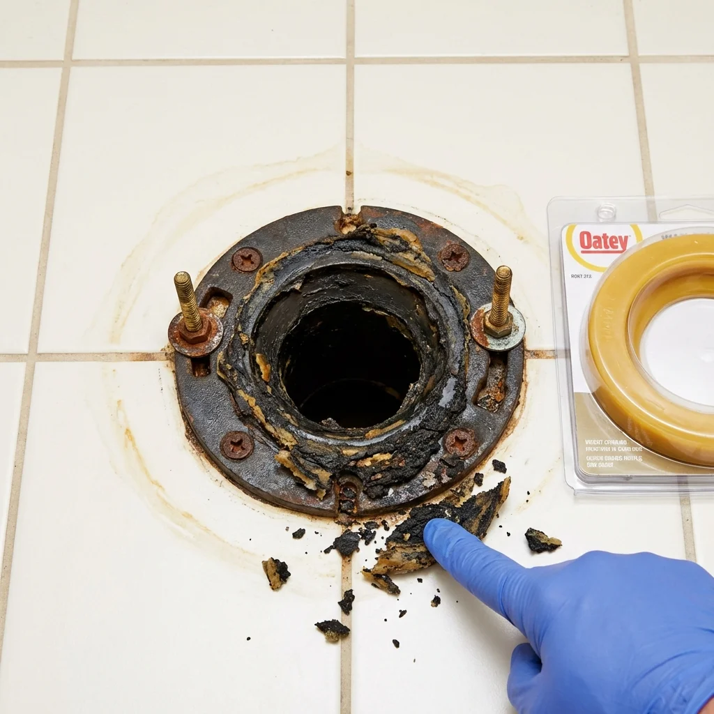 Failed wax ring showing water seepage at the base of a toilet in a Williamson, WV home