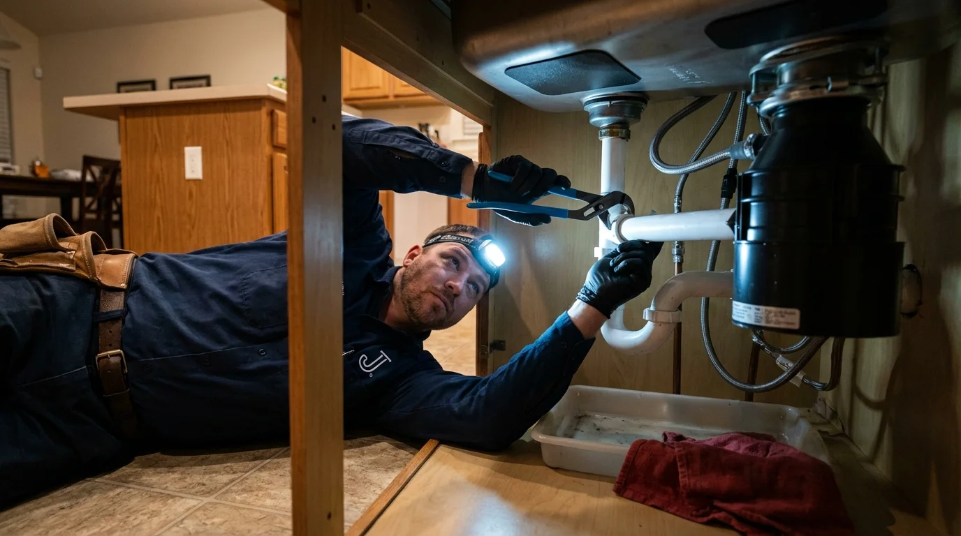P-trap and supply line connections under a kitchen sink showing a common leak point in Williamson, WV
